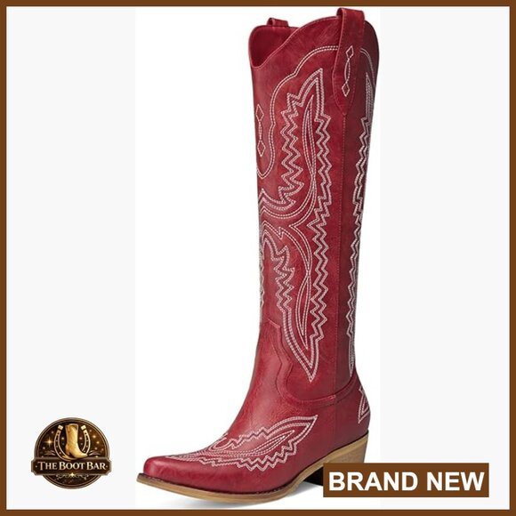 Shoes - Knee High Cowboy Boots Pointed Toe Low Heel Pull On Zipper Wide Calf